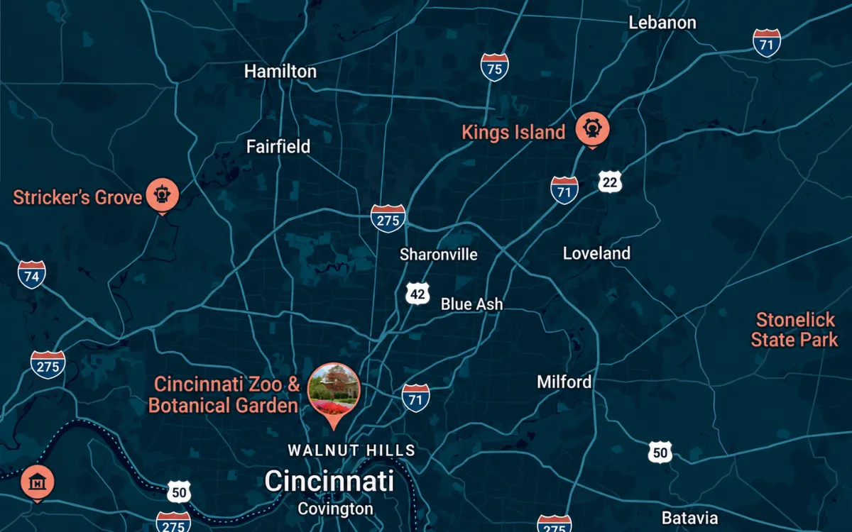 Map of the Cincinnati bathroom remodeling service area, including Cincinnati, Blue Ash, Sharonville, Loveland, Milford, Fairfield, Hamilton, and nearby communities