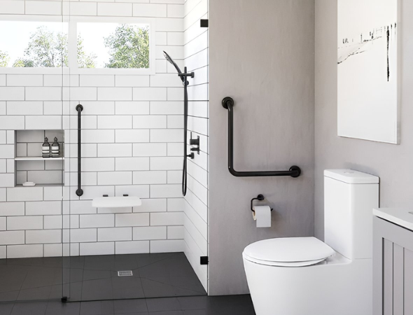 Finished product of an accessible bathroom remodel in Cincinnati.